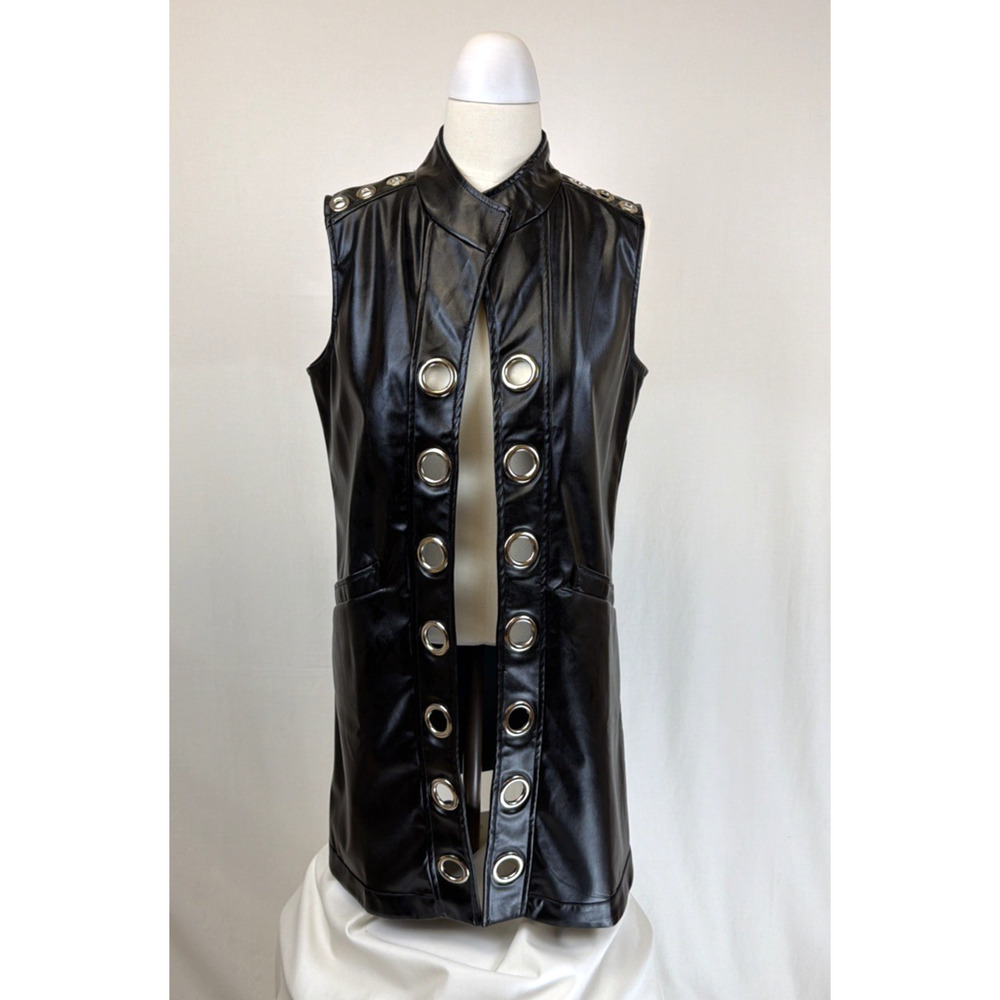 NWT Berek Black Faux Leather Grommet Details Long Open Vest #0701 Size S
